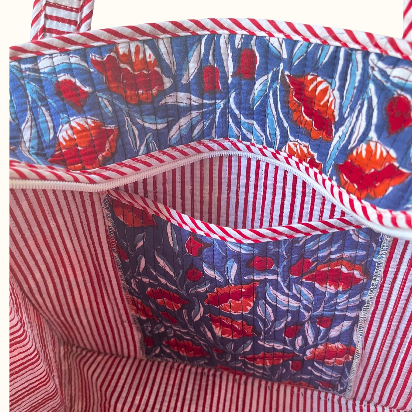 Petit tote bag fermeture Block print " Blue Poppy Crush"