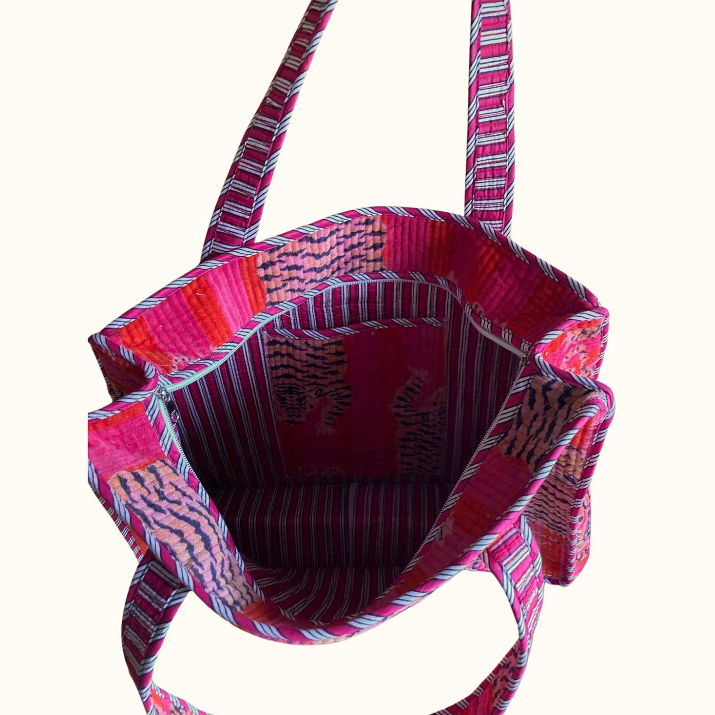 Grand tote bag en velours à Zip  – Tigres Rose