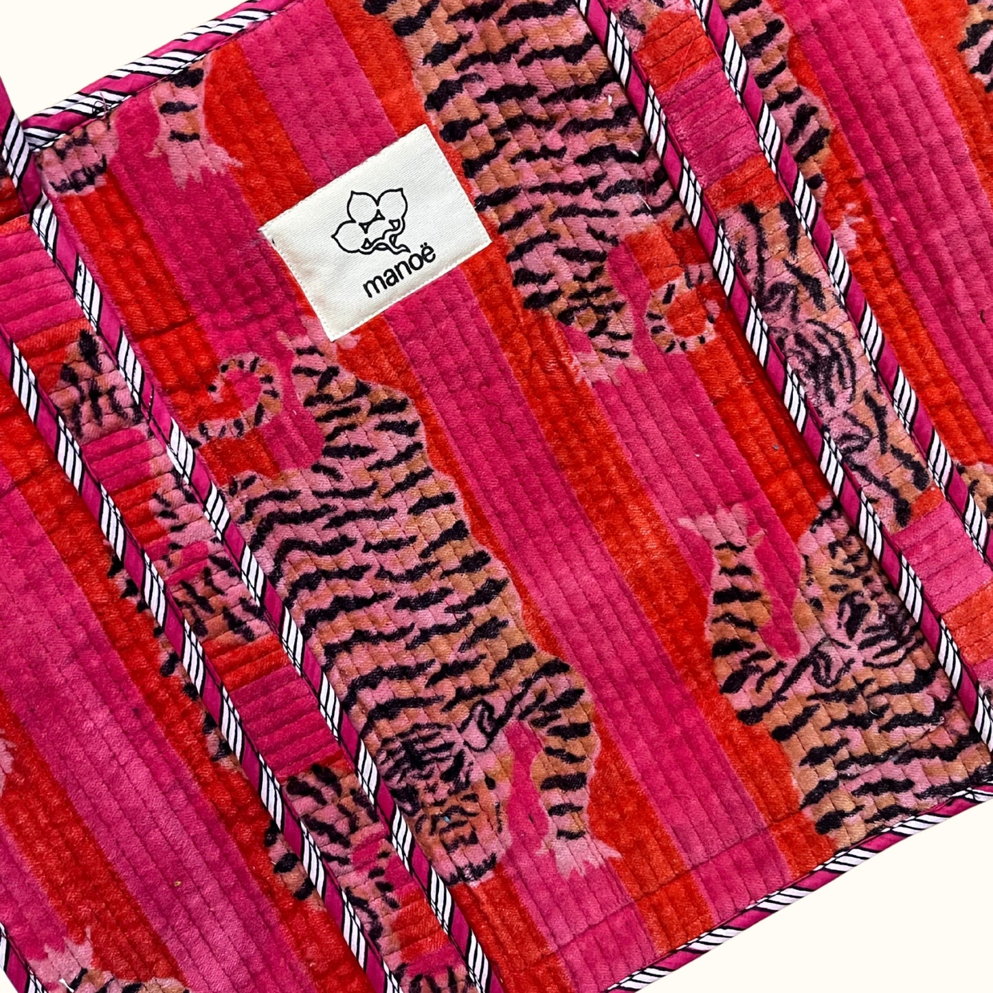Grand tote bag en velours à Zip  – Tigres Rose