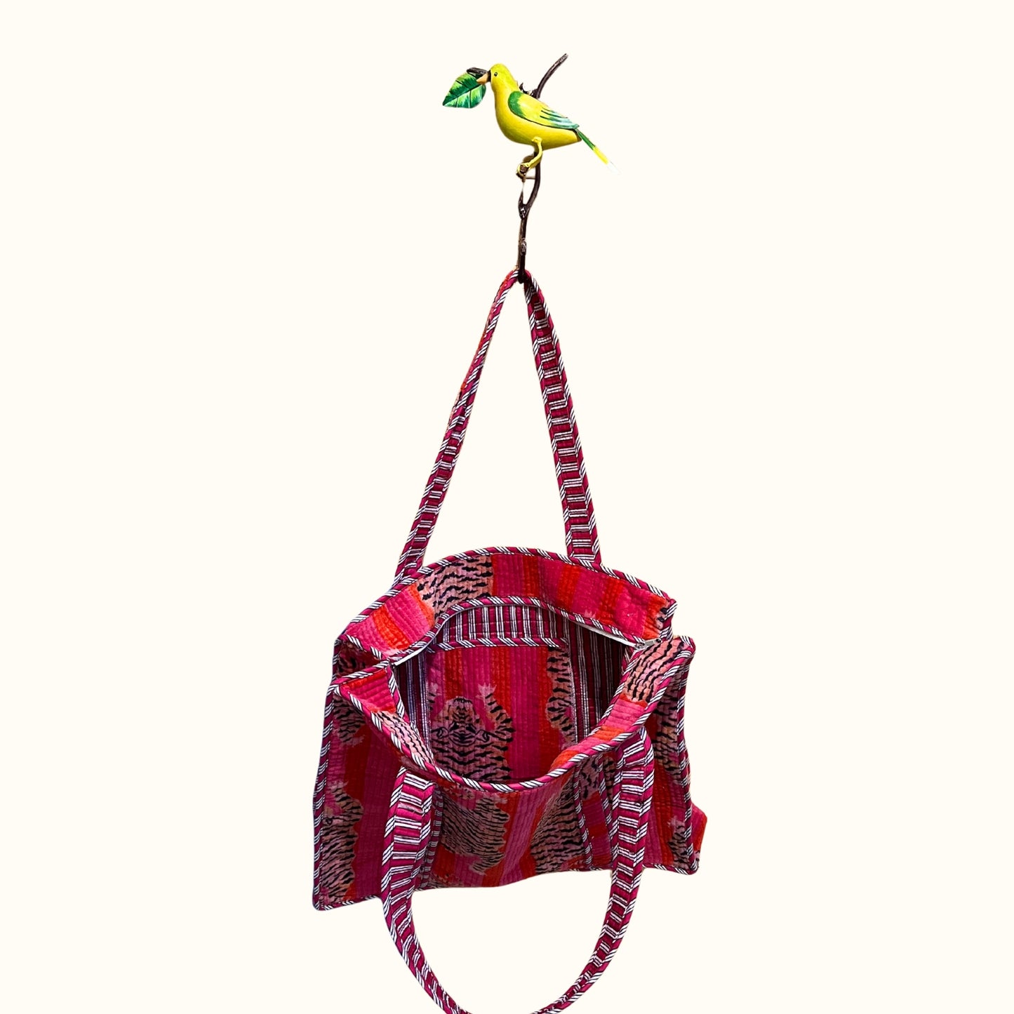 Grand tote bag en velours à Zip  – Tigres Rose
