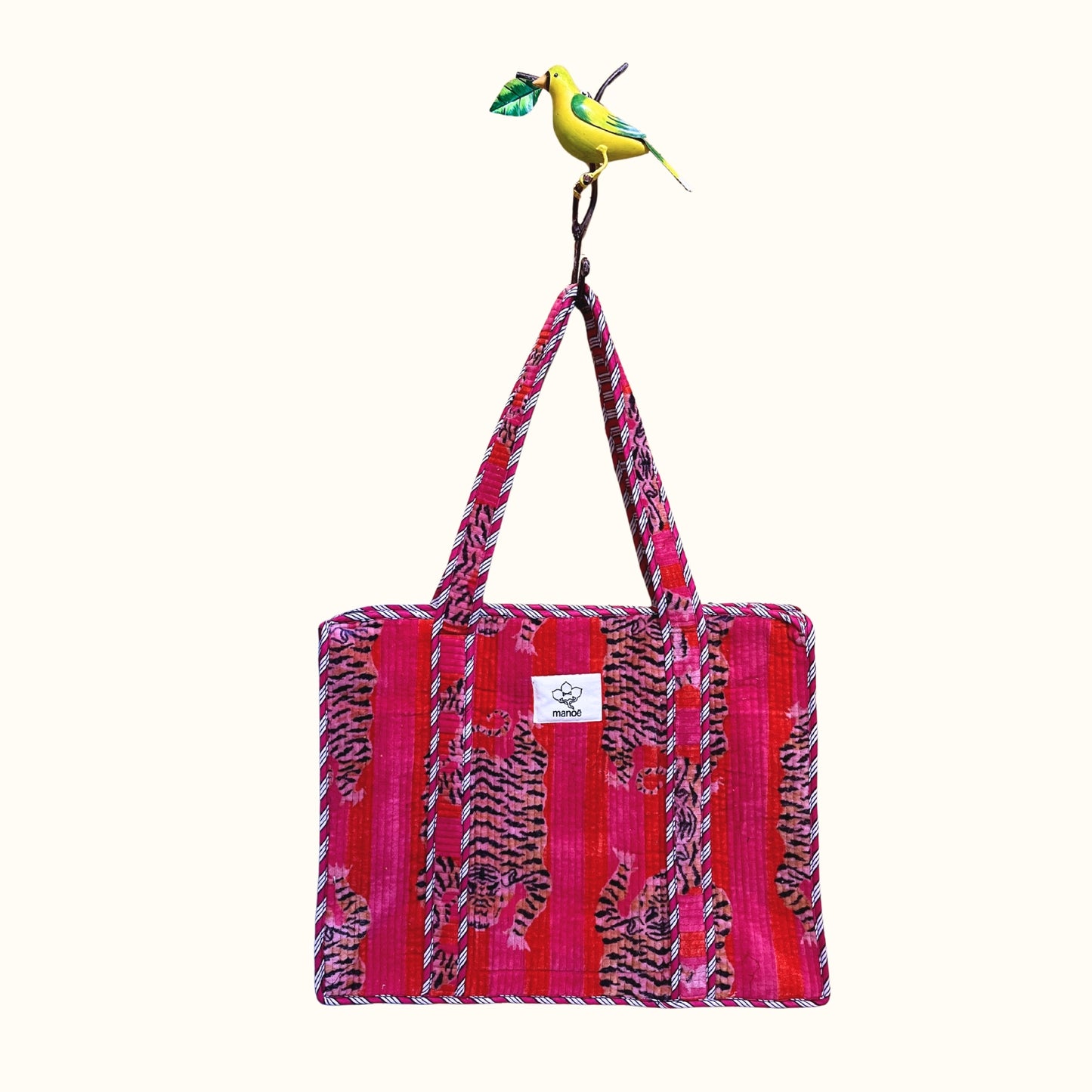 Grand tote bag en velours à Zip  – Tigres Rose