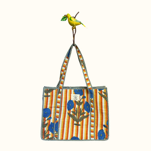 Grand tote bag "Yellow Stripe & Bleu Bloom"