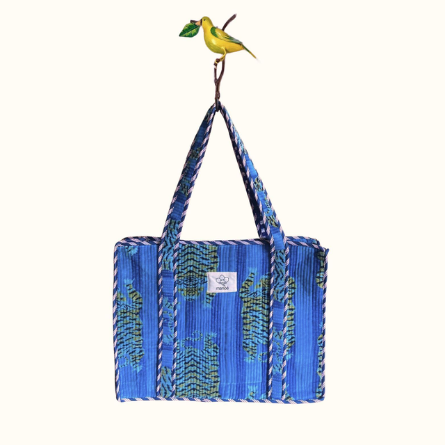 Grand tote bag en velours à Zip  – Tigres Bleus