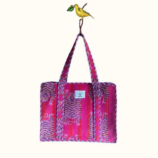 Grand tote bag en velours à Zip  – Tigres Rose